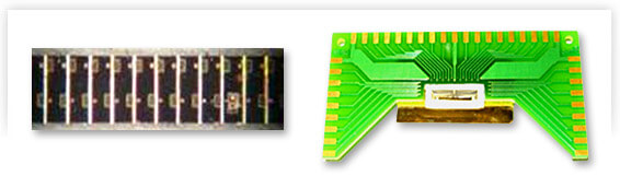 Sixteen-channel laser array emitting from 1530 to 1550 nm. Left: Microscopic image of the laser chip array. Right: Packaged device with contact fan-out. Sixteen-channel laser array emitting from 1530 to 1550 nm. Left: Microscopic image of the laser chip array. Right: Packaged device with contact fan-out.